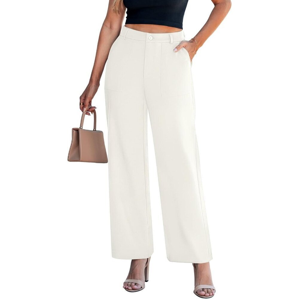 Women's Cream White Polyester Casual High Waisted Elastic Wide Leg Dress Pant